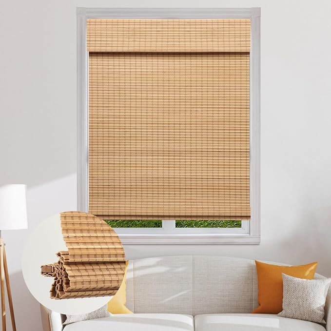 SEEYE Cordless Bamboo Roman Shades, Blackout Natural Bamboo Blinds for Indoor Windows, Roll Up Blind Privacy Shade for Home, Office, Door, UV Resistant & Easy to Install, 35" W x 64" H, Carbonized