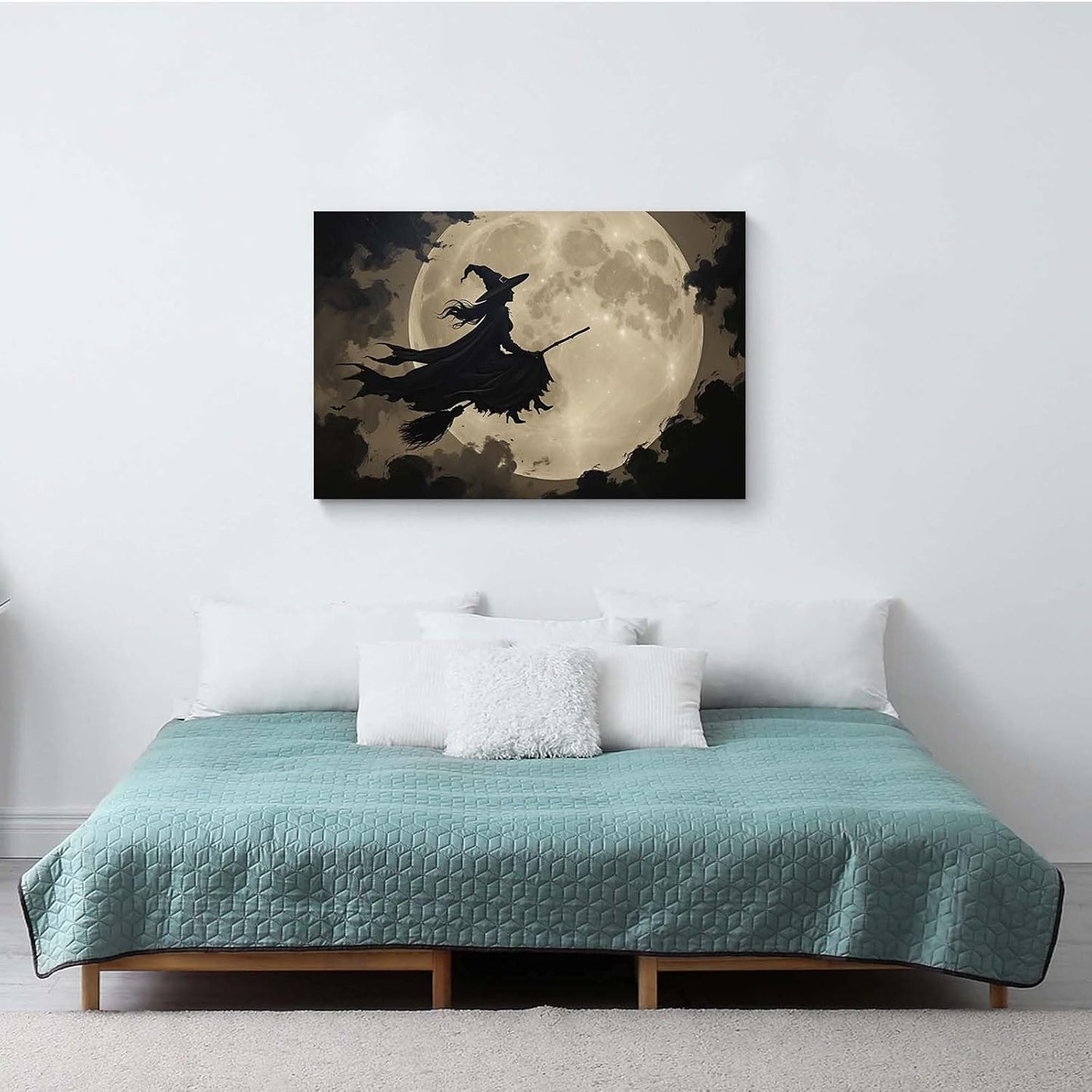 JFHCQJPK Full moon witch silhouette poster witch on magic broom Halloween mural poster decorative mural art suitable for home living room bedroom32x48in Frameless