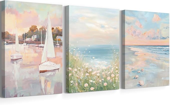 Pink Coastal Wall Art Coquette Beach Canvas Poster Summer Beachy Wall Decor Trendy Pastel Ocean Pictures Preppy Painting Wildflower Prints Sailboat Artwork for Girls Bedroom 16x24 Inch Ready to Hang