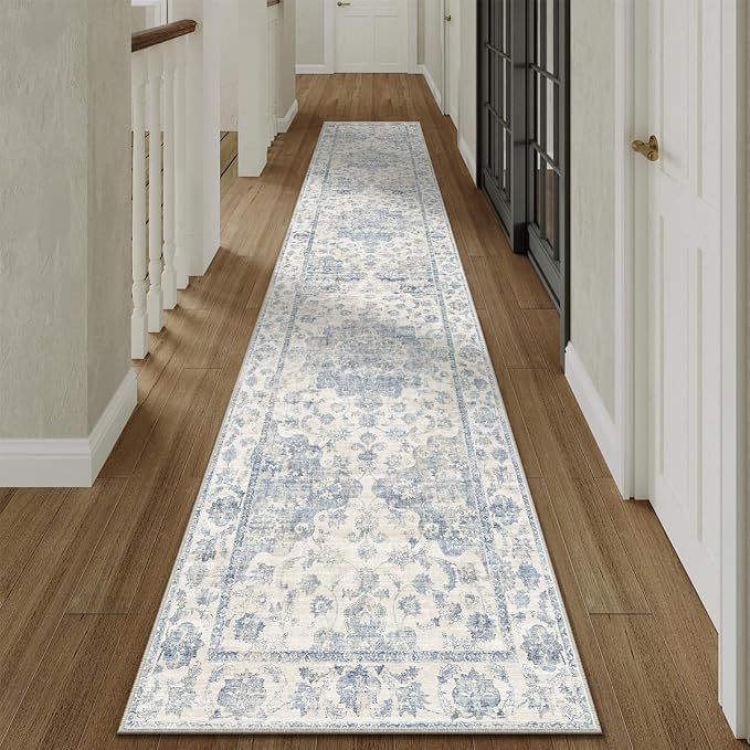 2x12 Washable Neutral Runner Rug Blue Vintage Hallway Kitchen Carpet Non-Slip Soft Low Pile Farmhouse Throw Rug for Bedroom Bathroom Laundry Living Room