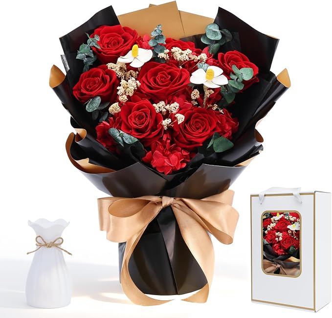 7 Preserved Red Rose Bouquet Eternal Flower Gift Set, Gift for her | Preserved Red Rose bouquet , Eternal flower Gift Set for her with romantic Girlfriend, Engagement, Mother’s, Birthday,