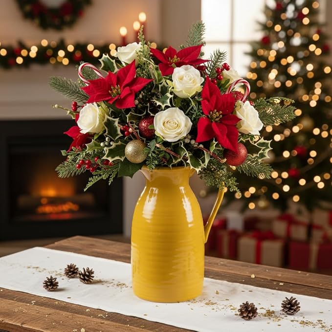 hjn Farmhouse Pitcher Vase for Flowers- Decrative Pitchers White Ceramic Pitcher Yellow Vase for Your Kitchen/Home Decor/Office/Living Room/Bookshelf/Mantel/-Yellow