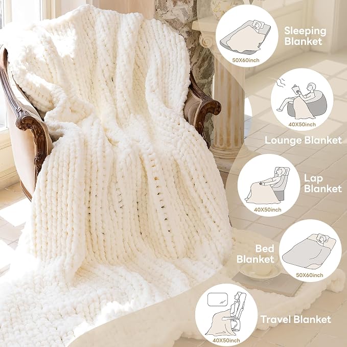 Chunky Knit Blanket - Luxury Soft Cozy 50 * 60 Throw Blanket,100% Woven Blanket Rope Knot Throw Blanket for Couch, Sofa, Home Decor, Gift - Machine Washable (Ivory White, 50 * 60)