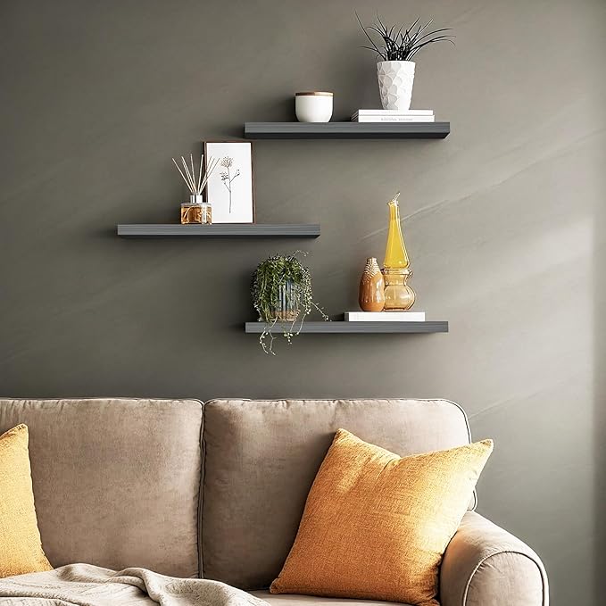 BAYKA Grey Floating Shelves for Wall 22.5 inch, Wall Mounted Shelf for Bedroom, Living Room, Kitchen – Wood with Hidden Metal Brackets, 22LBS Capacity, 6.7” Deep – Storage for Books, Plants, Decor