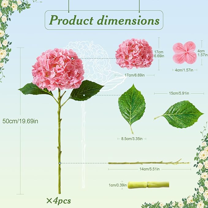 4 Pcs Artificial Hydrangea Silk Flowers with Stems, 19.7" Pink Faux Hydrangeas Bouquet, 240 Petals, UV Resistant & Waterproof Fake Flower for Outdoor Wedding Home Decor