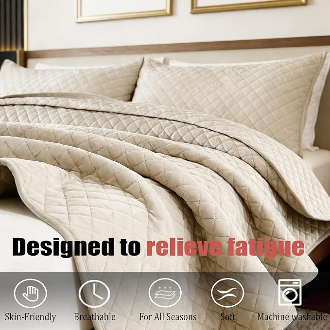 Velvet Quilt Set Oversized King Size 120x128 Luxury Soft Bedspread Coverlet 3-Piece King Comforter Sets with 2 Pillow Shams 20x36 Super Cozy All Seasons Velvet Bedding Set, Beige