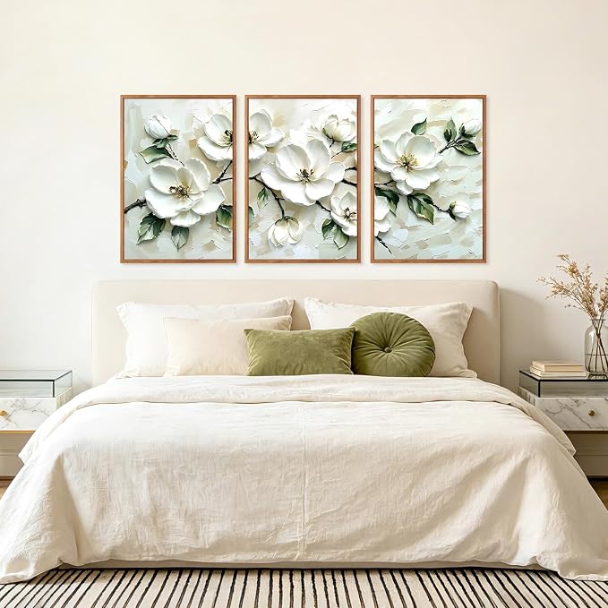 CHDITB 3D Neutral Beige Impasto White Magnolia Floral Textured Framed Canvas Wall Art Set, Minimalist Relief Wall Decor, Modern Texture Art Prints for Living Room Hallway Bedroom Home Decor 24"x36"x3
