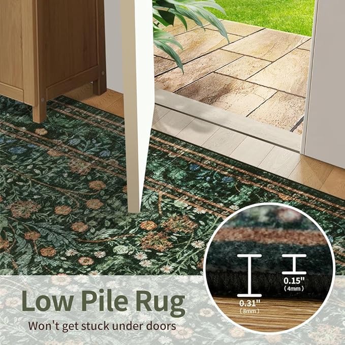 Rugxara 6x9 Area Rugs for Living Room Bedroom, Large Washable Rug, Green Vintage Floral Boho Rug, Non Slip & Low Pile Faux Wool Thin Carpet for Indoor Dining Room and Kids Room(Green 6x9ft)