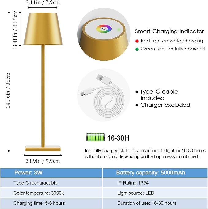 2-Pack LED Cordless Table Lamp with RGB & Stepless Dimming, 5000mAh Rechargeable Desk Lamps Battery Operated Table Light Stepless Dimmable Portable Table Lamp for Table/Bedroom/Outdoor (Gold)