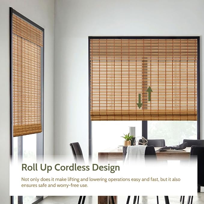 Kokorona Cordless Sheer Bamboo Roman Shades with Valance, Light Filtering Woven Bamboo Blinds for Windows, Natural Window Blinds Roll Up Shades for Home & Patio, 26" W x 64" H, Light Russet