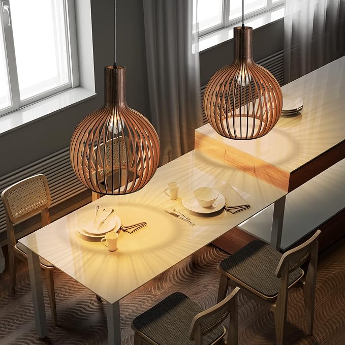 Wood Pendant Light, E26 Base Hanging Lamp Indoor, Natural Wooden Hand Made Chandelier, Boho Height Adjustable Dining Table Hanging Lamp for Hotel Bar Café Kitchen Island Hallway Entryway