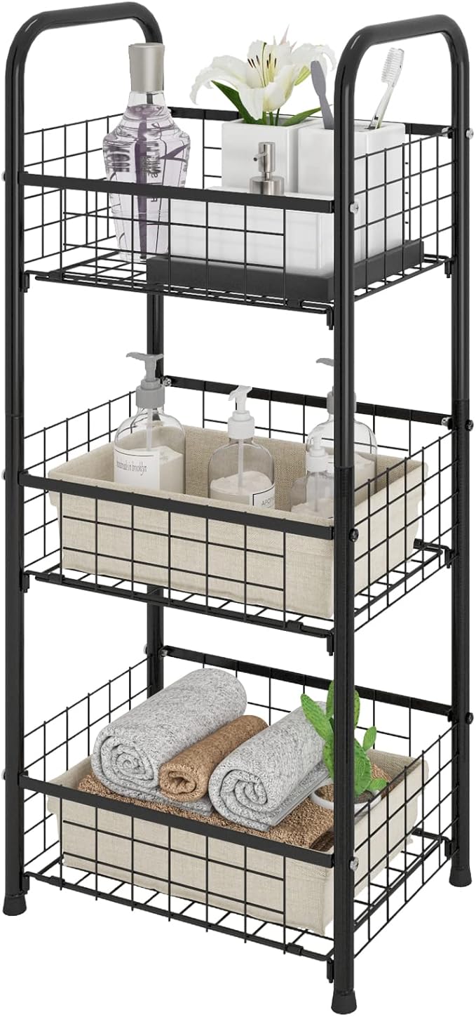 PROXRACER 3-Tier FreeStanding Open Shelf,Bathroom Organizer Shelves Unit with Adjustable Feet, Metal Steel Storage Tower Organizer Rack Basket Cart for Bathroom, Living Room, Balcony, Kitchen
