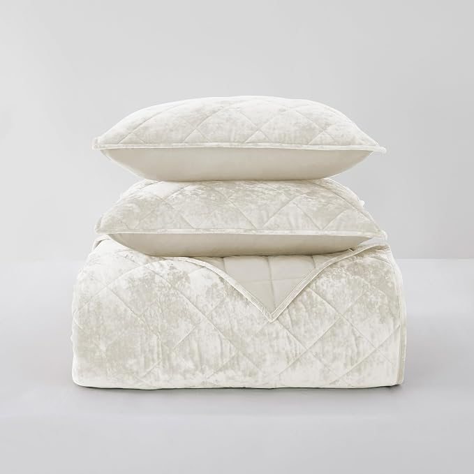 SHALALA Luxury Velvet Quilt Set Queen Size,Ultra Soft Lightweight Summer Velvet Comforter Set, Oversized Bedspread Coverlet with 2 Shams Diamond Pattern,for All Season(Beige,Queen/Full)