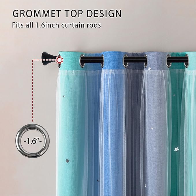 XiDi Blue Green Grey 54 Inches Curtains for Girls Bedroom 2 Panels Set, Blackout Rainbow Curtains for Kids Room Decor, Unicorn Wall Decals Drapes for Little Girl Nursery Room 52 Inches Wide