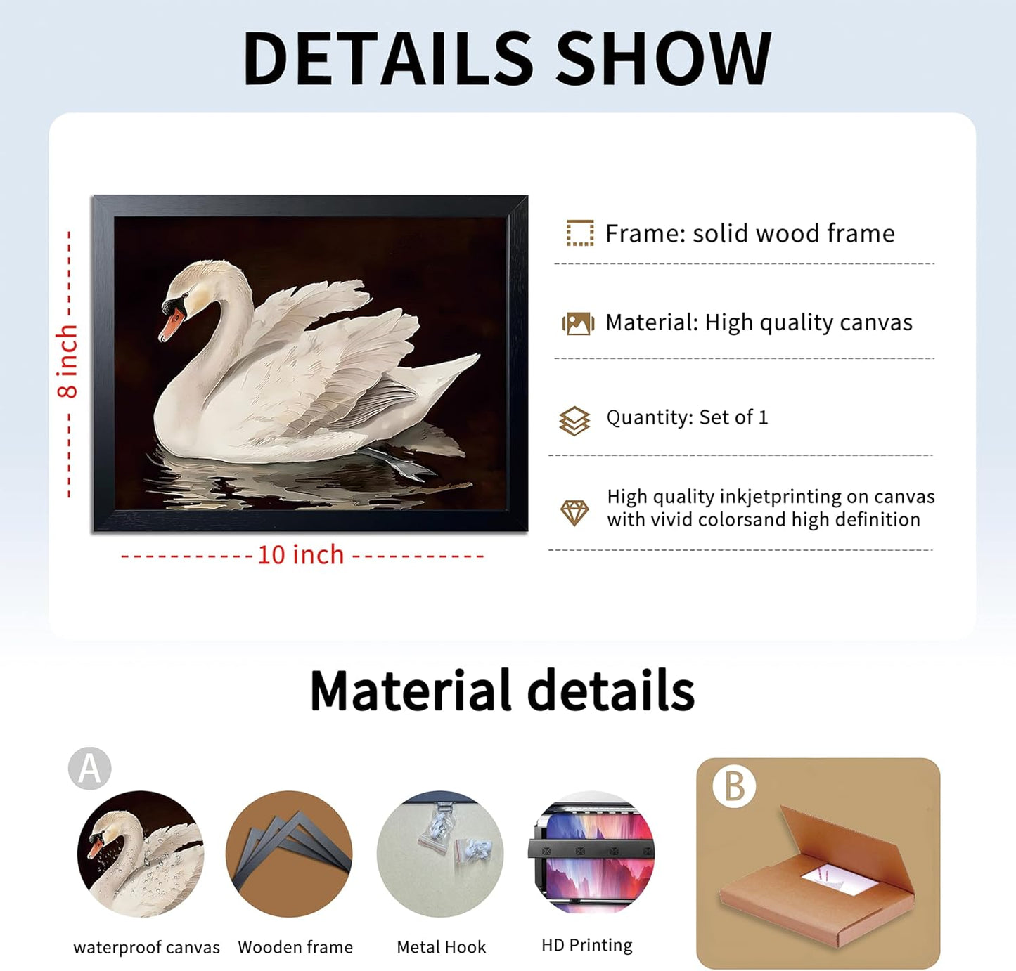 Black Wood Framed Wall Art Canvas Print Home Decor, Vintage Swan Aesthetic Wall Decor Photo, Classical Grace Swan Bathroom Prints Painting for Living Room Bedroom Office Decor 8x10 Inch