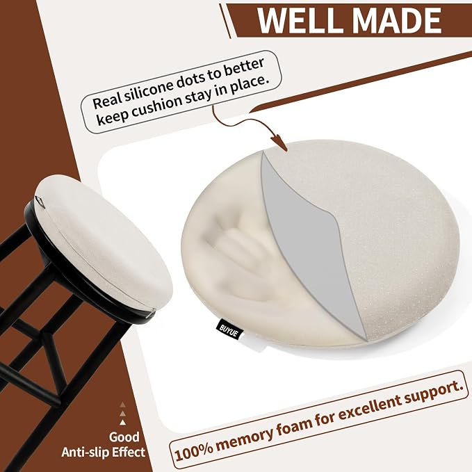 BUYUE Memory Foam Seat Cushion, Dia 15" Soft Velvet Round Stool Cushion Anti-Slip Chair Pads, M, Light Grey