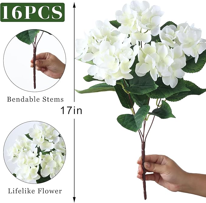 FOTEEWL 16 Bundles Artificial Hydrangea Flowers for Outdoor Decor, Realistic Faux Silk Bouquets Sun-Resistant Fake Plants for Front Door Balcony Farmhouse Garden Home Spring Summer Decor (White)