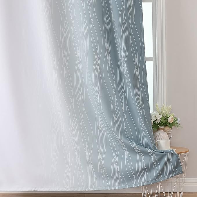 Estelar Textiler Stone Blue and Greyish White Ombre Blackout Curtains 54 Inch Length 2 Panels, Full Room Darkening Drapes for Kitchen, Thermal Insulated Grommet Short Curtains for Bedroom,42Wx54L