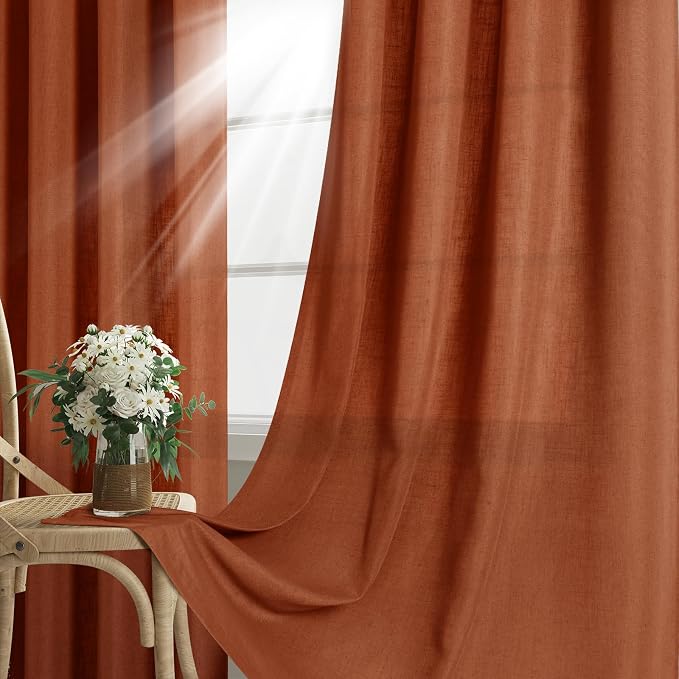 Terracotta Linen Curtains 84 Inch Length 2 Panels Set for Living Dining Room Grommet Light Filtering Semi Sheer Drapes Boho Farmhouse Rustic Rust Colored Window Curtains 84 Inches Long for Bedroom