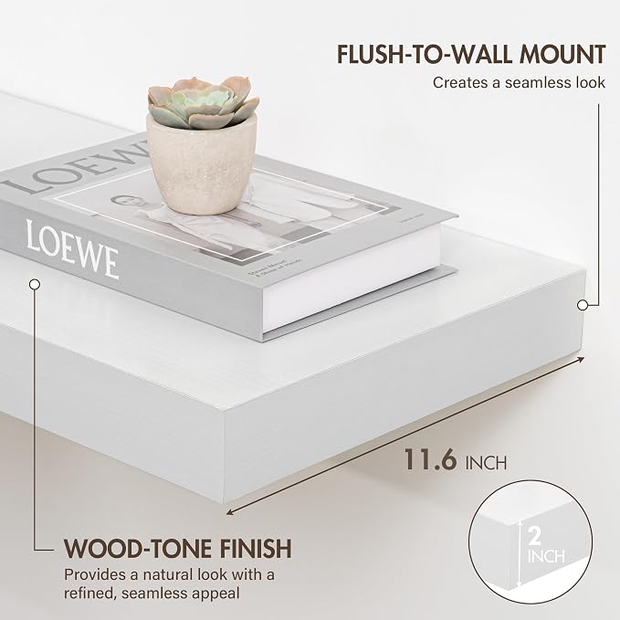 Acovy 24 Inch Floating Shelves, 12" Deep Floating Shelf Wall Mounted, 24" Wall Shelves, Rustic Deep Bookshelf, Extra Deeper & Thicker Display Shelves for Bedroom, Living Room, White, Set of 2