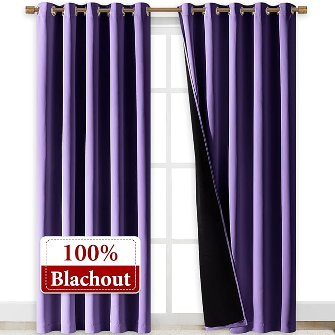 NICETOWN Lilac Purple Full Shade Curtain Panels, Pair of Energy Smart & Noise Blocking Out Blackout Drapes for Dining Room Window, Thermal Insulated Guest Room Lined Window Dressing, 70 x 84 inch