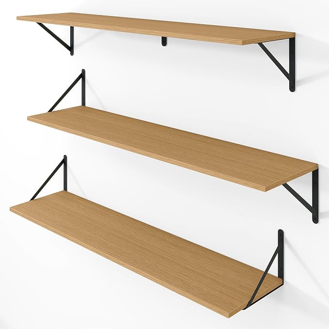 Vivelove 8 Inch Deep Floating Shelves for Wall, 36W x 8D Wood Wall Shelves Set of 3, Rustic Oak Wide Floating Bookshelf for Living Room, Kitchen, Office, Bedroom, with Black Metal Bracke - Oak
