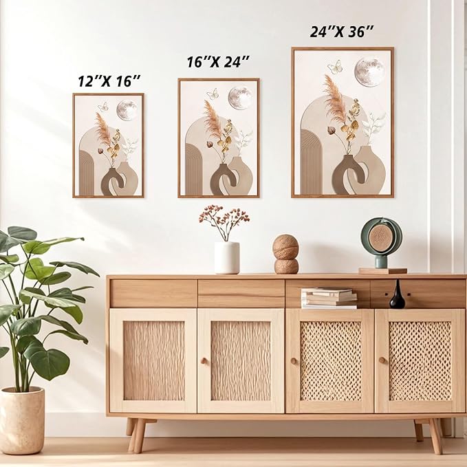 CHDITB Wabi Sabi Dried Floral Framed Canvas Wall Art Set, Neutral Boho Line Woman Wall Decor, Minimalist Abstract Geometric Artwork, Vintage Beige Prints for Living Room, Bedroom, Office 16"x24"x3