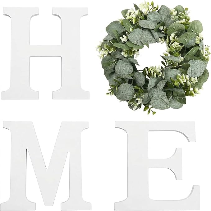 Pinkpum Wood Home Sign with Artificial Eucalyptus Wreath for O, Hanging Farmhouse Wall House Decor Wood Letters for Wall Art Rustic Home Decor, Wall Decor for Living Room Kitchen Entryway (White)