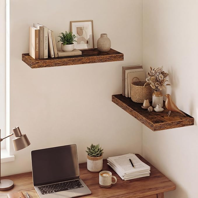 Dreamland 24 Inches Floating Shelves for Wall,9.3" Deep Long Floating Shelves Set of 2,Large Display & Storage Shelf,Wall Shelf for Bathroom Bedroom Living Room Kitchen Office,Rustic Brown