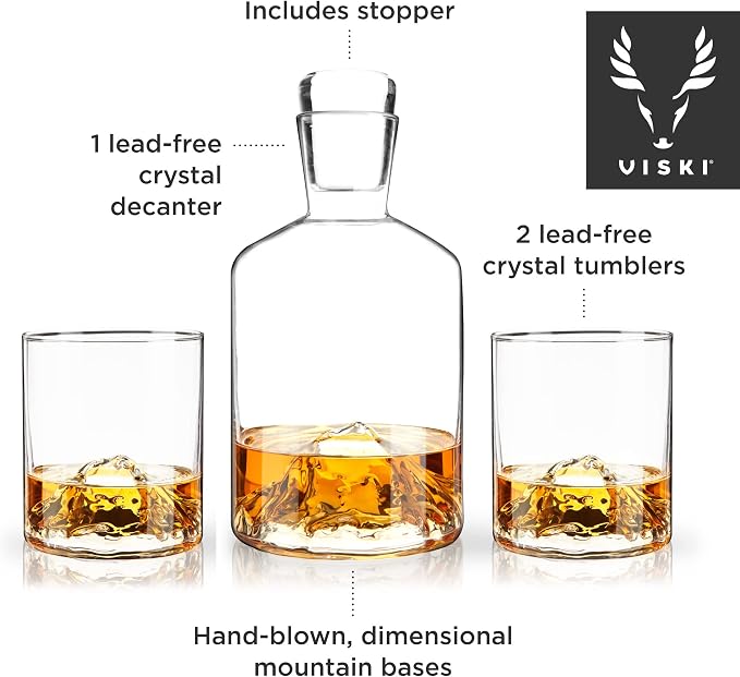 Viski Mountain Decanter and Tumbler Set, Percect for Scotch and Bourbon, Hand-Blown Whiskey Gifts for Men, Set of 3, 24oz Decanter, 9oz Tumblers