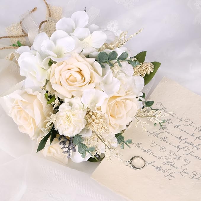 CEWOR Wedding Bouquets for Bride Bridesmaid, White Champagne Artificial Roses Flowers Wedding Decoration (7.5in)