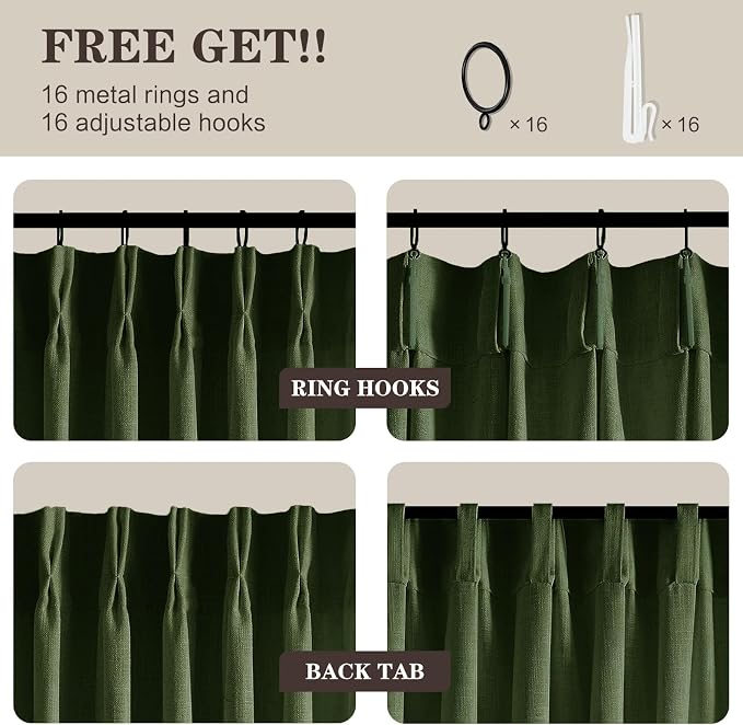 Olive Green Christmas Curtains for Living Room 90 Inch Pinch Pleated Linen Curtain, Light Filtering Pleat Drapes Thick Ceiling Semi-Sheer Curtain with Hooks for Sliding Glass Door Study Room 2 Panels