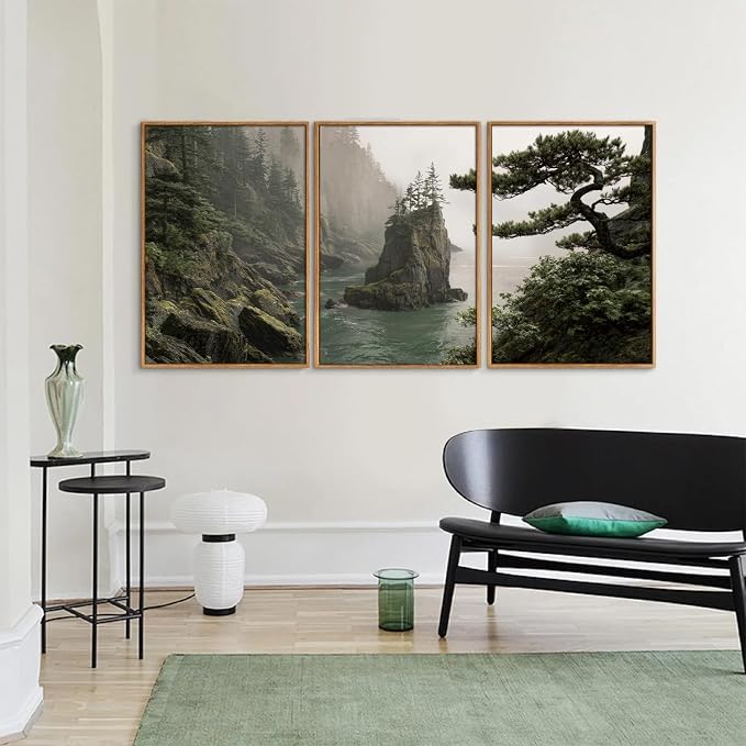 Rantodecor Coastal Forest Framed Canvas Wall Art, Pacific Northwest Coast landscape Wall Decor, Nature PNW Mountain Sea Art Paintings, Sage Green Pine Artwork for Bedroom Living Room Office 24"x36"x3