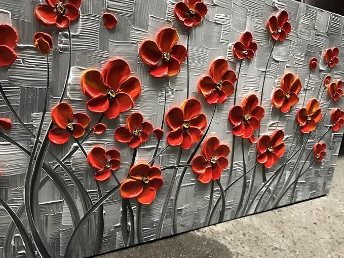 YaSheng Art - 48x24inch Canvas Wall Art, Hand Painted Oil Painting Wall Art ,Abstract 3D Texture Wall Art Pictures, Red Floral Paintings, Modern Home Bedroom Wall Art Decor, Wall Art for living room, Large Framed oil painting.