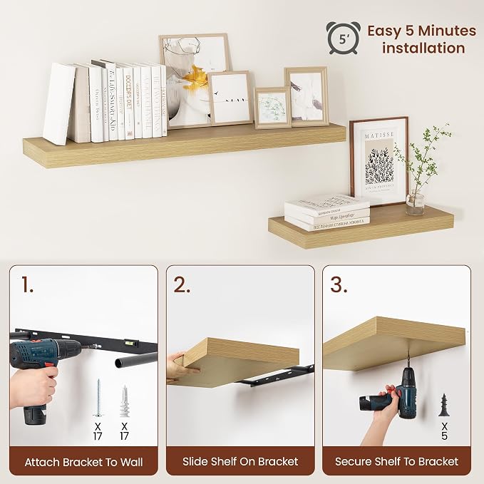 Vivelove 12 Inch Deep Floating Shelves 47.2 inch Long, 2 Inch Thick Wall Shelves with Invisible Brackets, Shelf for Bedroom Bathroom Living Room Kitchen Office Home Decor, Modern Shelf Set of 2, Oak