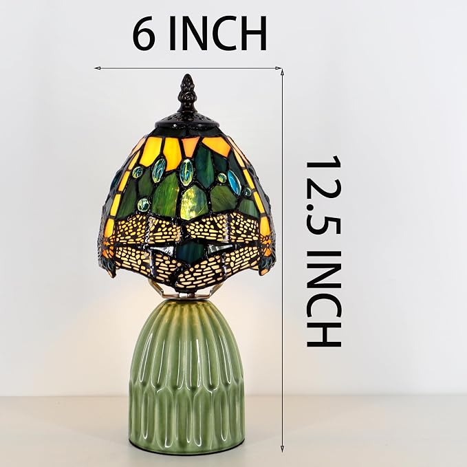 Tiffany Stained Glass Mushroom Table Lamp 12.5 Inch -Yellow Dragonfly | Tiffany Lamp,6X6X12.5 Inch,Small Night Light,Ceramic Base, Mini Accent Light Suitable,Bedside,Bedroom, Children Room,Antique
