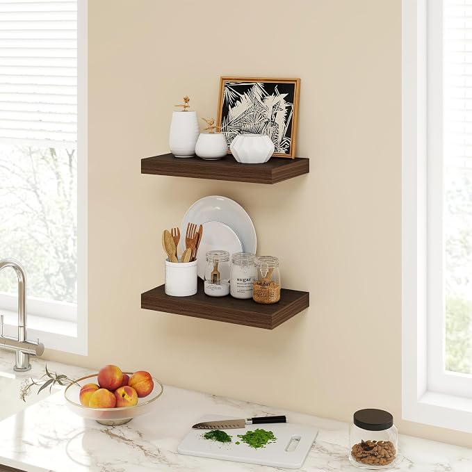 Acovy 16 Inch Floating Shelves, 9.3" Deep Floating Shelf Wall Mounted, 16" Wall Shelves, Rustic Deep Bookshelf, Large Display Shelves & Storage Shelves for Bedroom, Living Room, Walnut, Set of 2