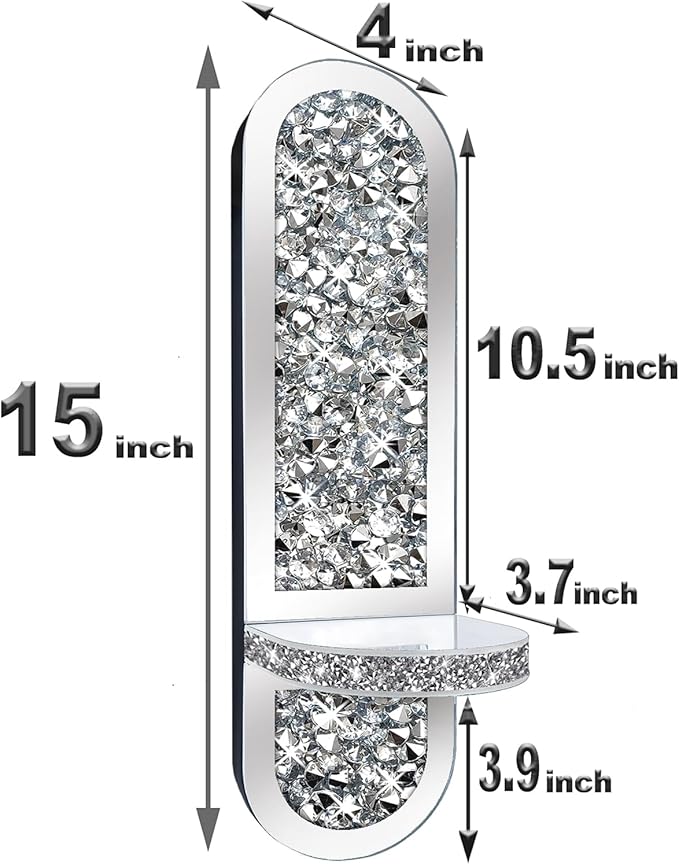 ZOLAPI Set of 2 Crystal Crush Diamond Candle Sconces, Gorgeous Silver Mirrored Wall Sconce,Oval Candle Holder Glass Wall Decorations for Home Décor, Living Room, Dining Room.