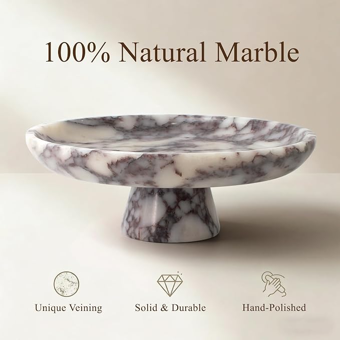 YMXYJM Natural Marble Fruit Bowl, Pedestal Bowl,Calacatta Viola | Natural marble pedestal bowl for fruit, keys, and decor on kitchen counters, dining tables, living rooms, or entryways