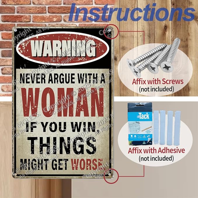 Vintage Man Cave Decor Signs – 'Never Argue With a Woman' | 12x8″ Funny Metal Sign for Man Cave, Garage, or Workshop Wall Decor – Man Cave Accessories & Gifts for Men, 2455