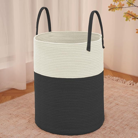 JMvicyroam Large Woven Laundry Basket Hamper,80L Cotton Rope Storage Bin for Blankets,Toys and Clothes,Decorative Tall Nursery Hamper for Living Room,Baby Nursery,Bathroom and Bedroom,White and Black