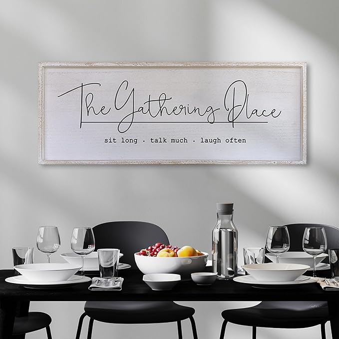 The Gathering Place Wall Decor Sign 40"x15" Large Family Dining Room Vintage Wooden Framed Country Farmhouse Simple And Rustic Hanging For Kitchen Home Wall Art Decoration (White)