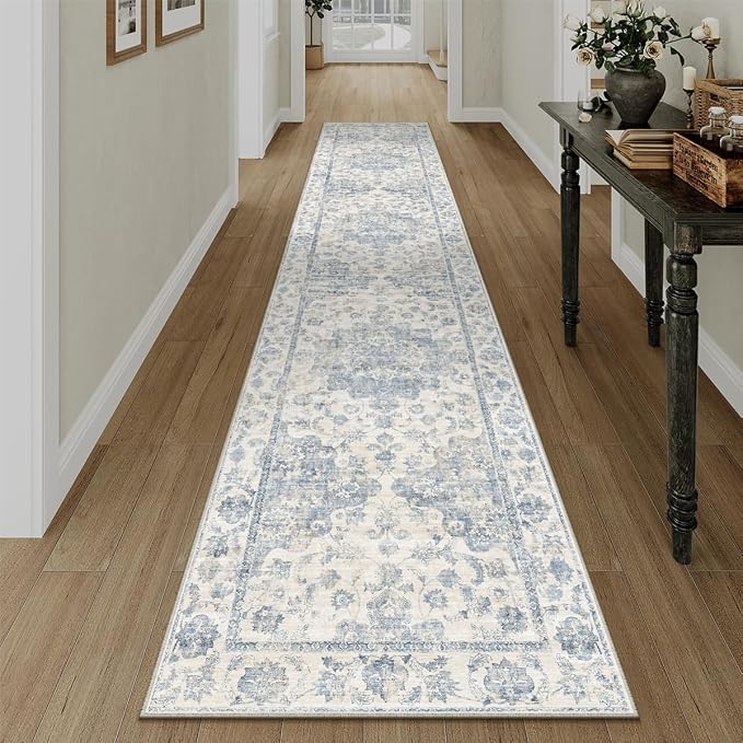 2x12 Washable Neutral Runner Rug Blue Vintage Hallway Kitchen Carpet Non-Slip Soft Low Pile Farmhouse Throw Rug for Bedroom Bathroom Laundry Living Room