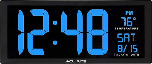 AcuRite 75152M Oversized Blue LED Clock with Indoor Temperature, Date and Fold-Out Stand, 14.5-Inch / Blue