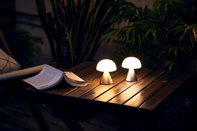 Lexon Mina Small Mushroom Lamp - LED Portable Bedside Light for Bedrooms, Kids & Nursery - Rechargeable with 12h Autonomy & Memory Dimmer, Aluminum - Light Yellow