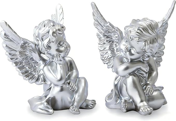 OwMell Set of 2 Cherubs Angels Resin Statue Figurine, Indoor Home Decoration, Adorable Angel Sculpture Memorial Statue 4" - Silver