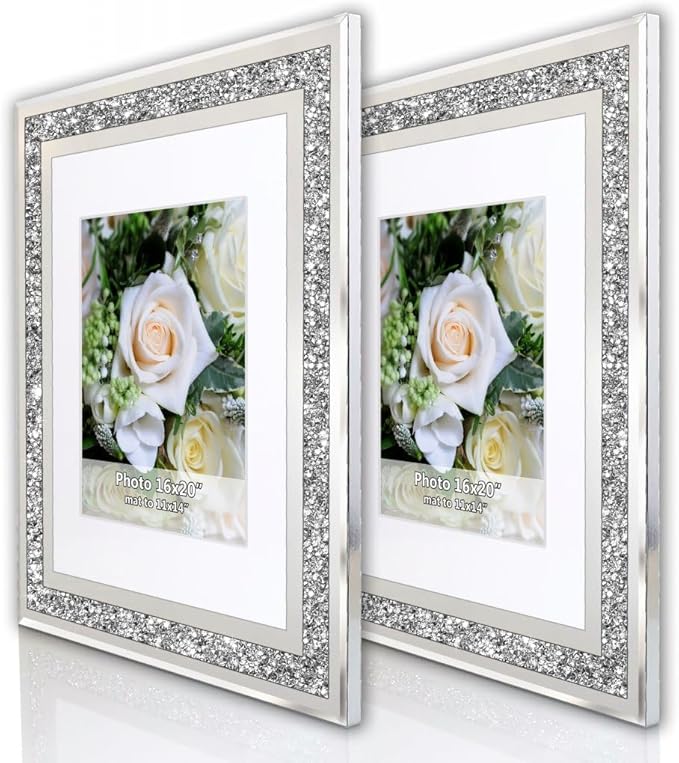 ALLARTONLY Big Mirror Photo Frame 16x20inch Mat To 11x14inch Crushed Diamond Bling Sparkle Home Decor, 2 Pack Crystal Silver Glass Wedding Picture Poster Wall Frame.