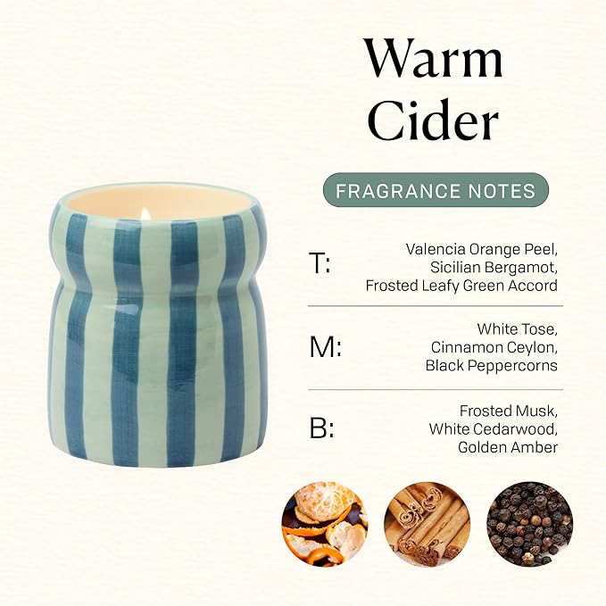 Paddywax Cabana Hand-Painted Scented Candle with Lid in Ceramic Reusable Jar, Clean-Burn Soy Candle, Warm Cider Scent, Approx. 42 Hour Burn Time, 6.5 oz