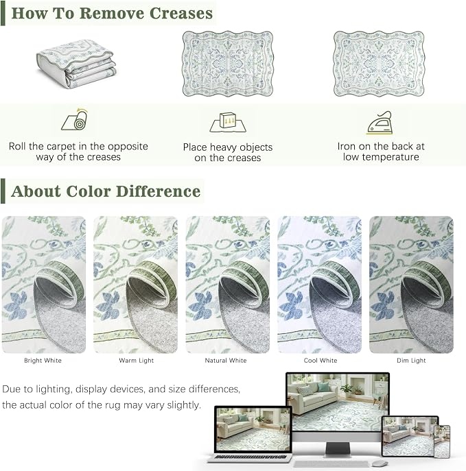 DCX Green and Blue 6x9 Rug, Kid & Pet Friendly with Rubber Back Non Slip, Washable Stain Resistant Botanical Scalloped Rug for Living Room, Bedroom, Soft Low Pile Large Nursery Carpet