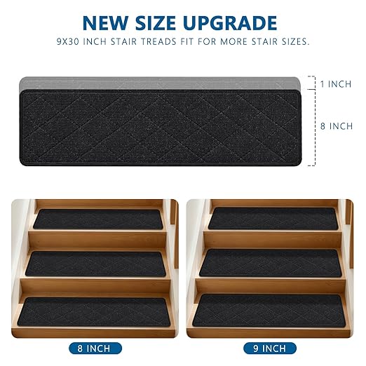 Stair Treads for Wooden Steps, 15 Pack 9" X 30" Non Slip Carpet Stair Treads Indoor with Reusable Adhesive for Kids Elders and Dogs, Surface Polyester TPR Backing Stair Runner Rugs, Black
